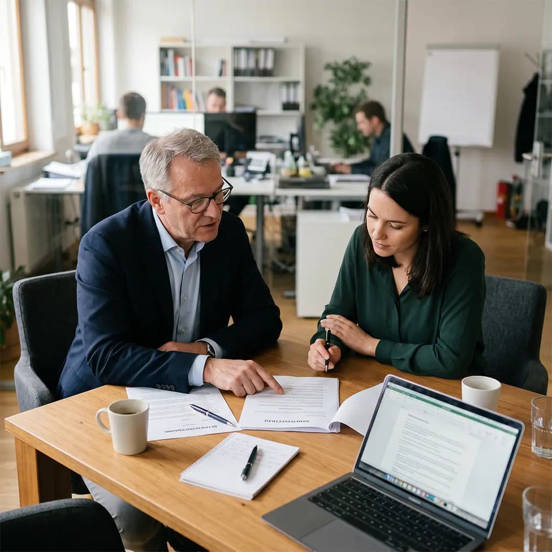 Betriebsübernahme und Arbeitsvertrag: Berater und Mitarbeiterin prüfen im Büro gemeinsam die Vertragsunterlagen