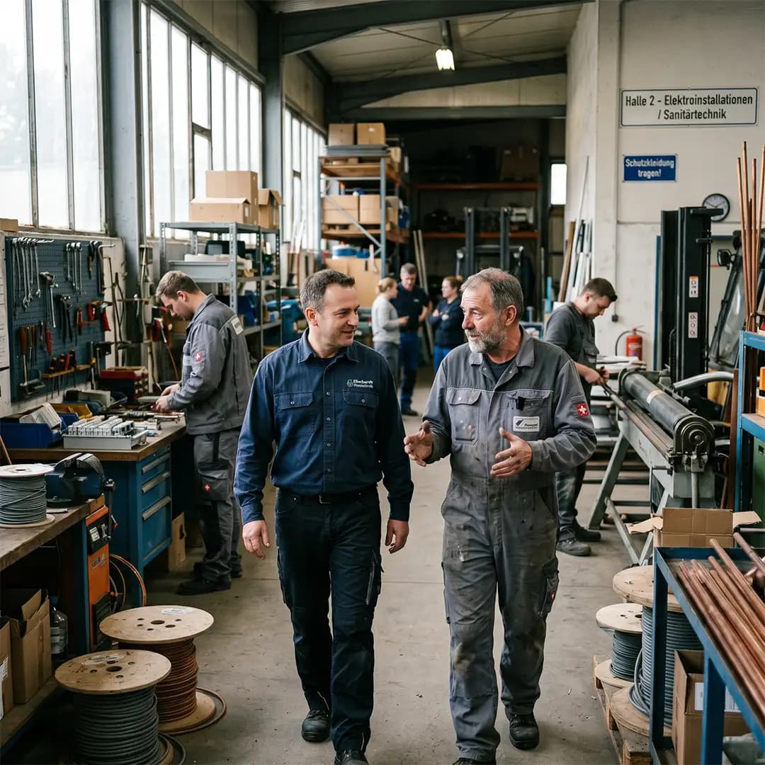 Betriebsübernahme im Handwerk: Übergeber und Nachfolger im Gespräch in der Werkstatt eines Elektro- und Sanitärbetriebs