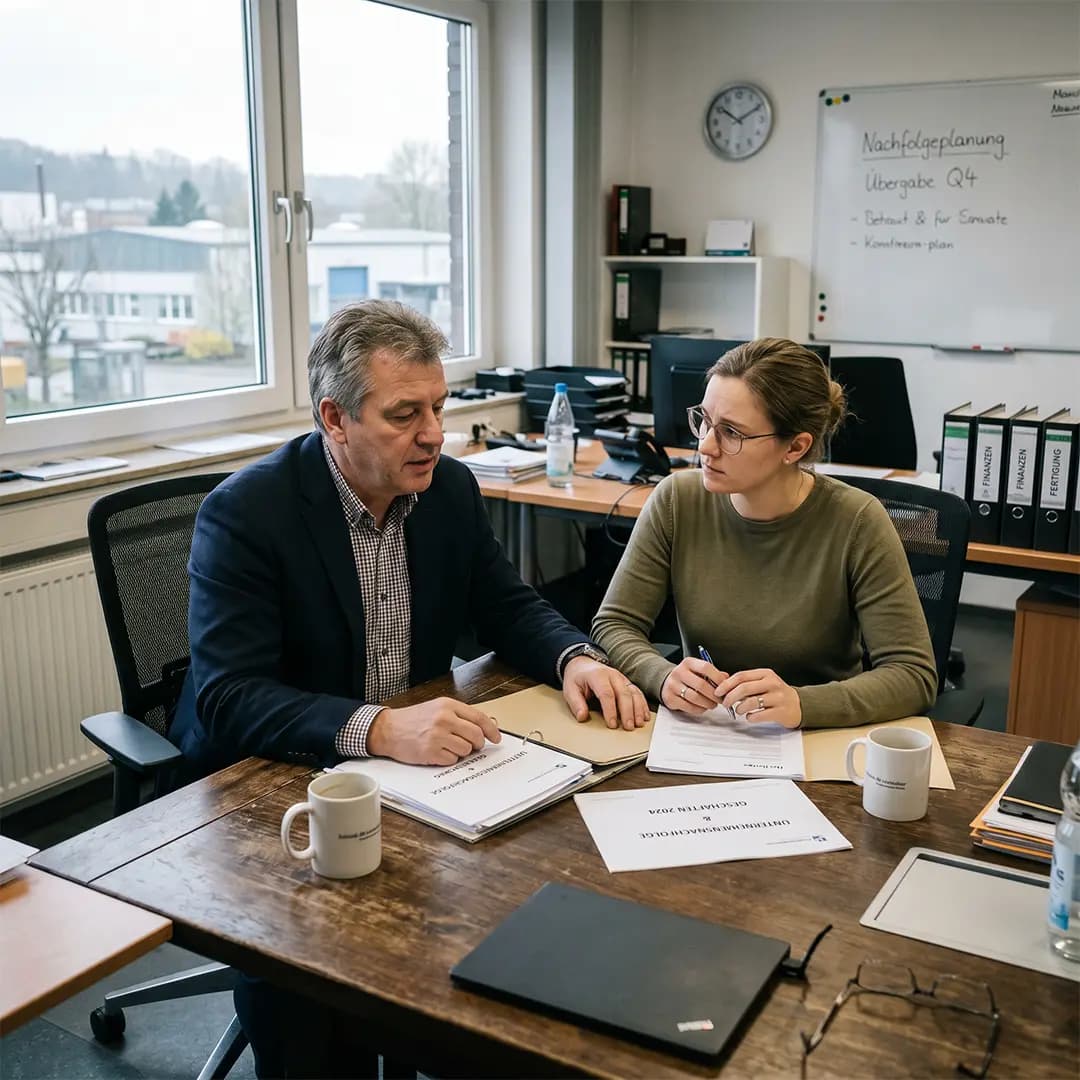 Firmennachfolge gesucht: Unternehmer und Nachfolgerin planen im Büro die Übergabe vor einem Whiteboard mit Nachfolgeplan