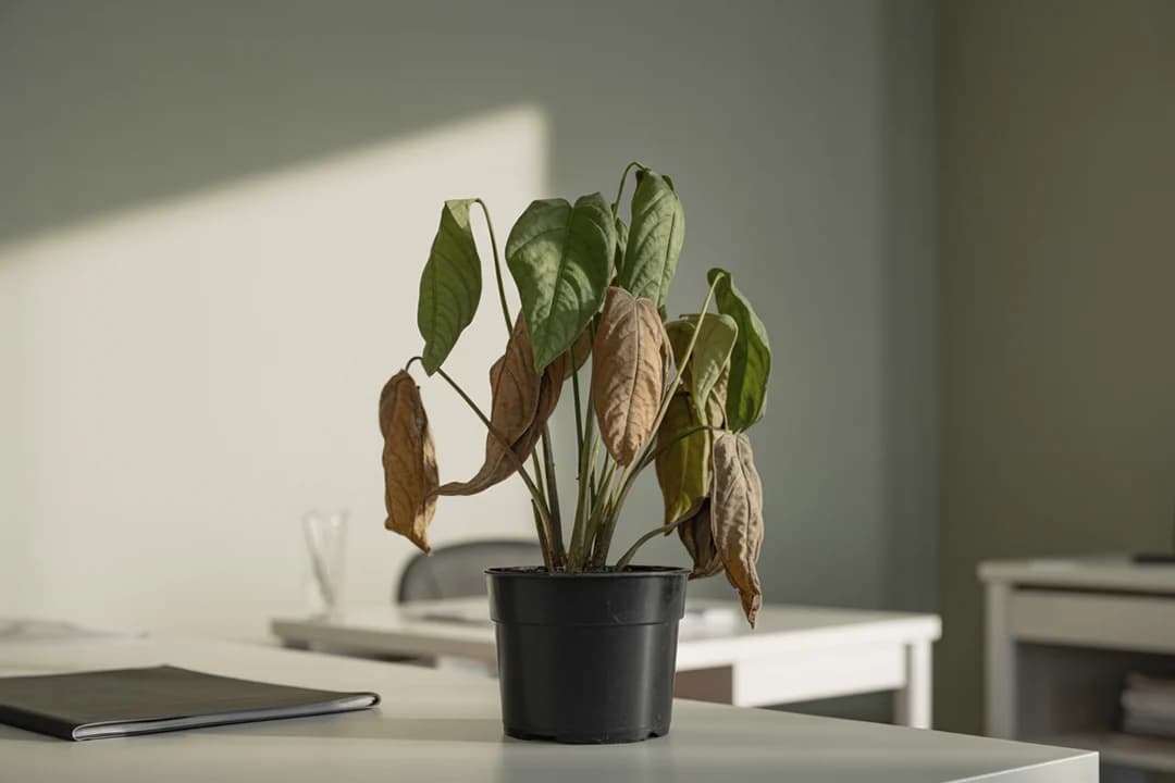 Vertrocknete Zimmerpflanze in Sonnenlicht auf einem Schreibtisch – symbolisiert den schleichenden Ertragsverlust in Unternehmen, trotz scheinbar intakter Oberfläche.