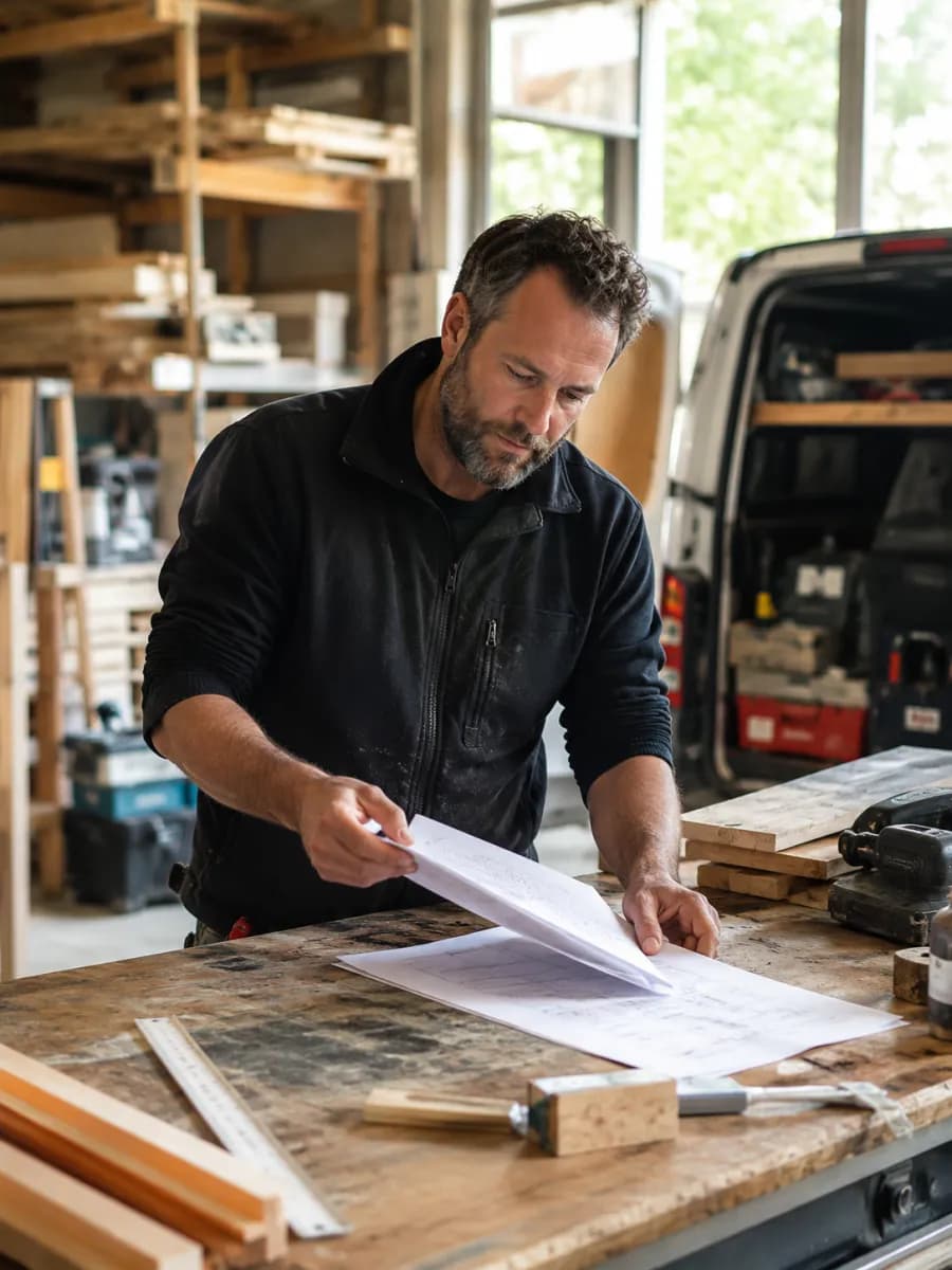 Handwerker am Werkstatttisch mit Bauplan
