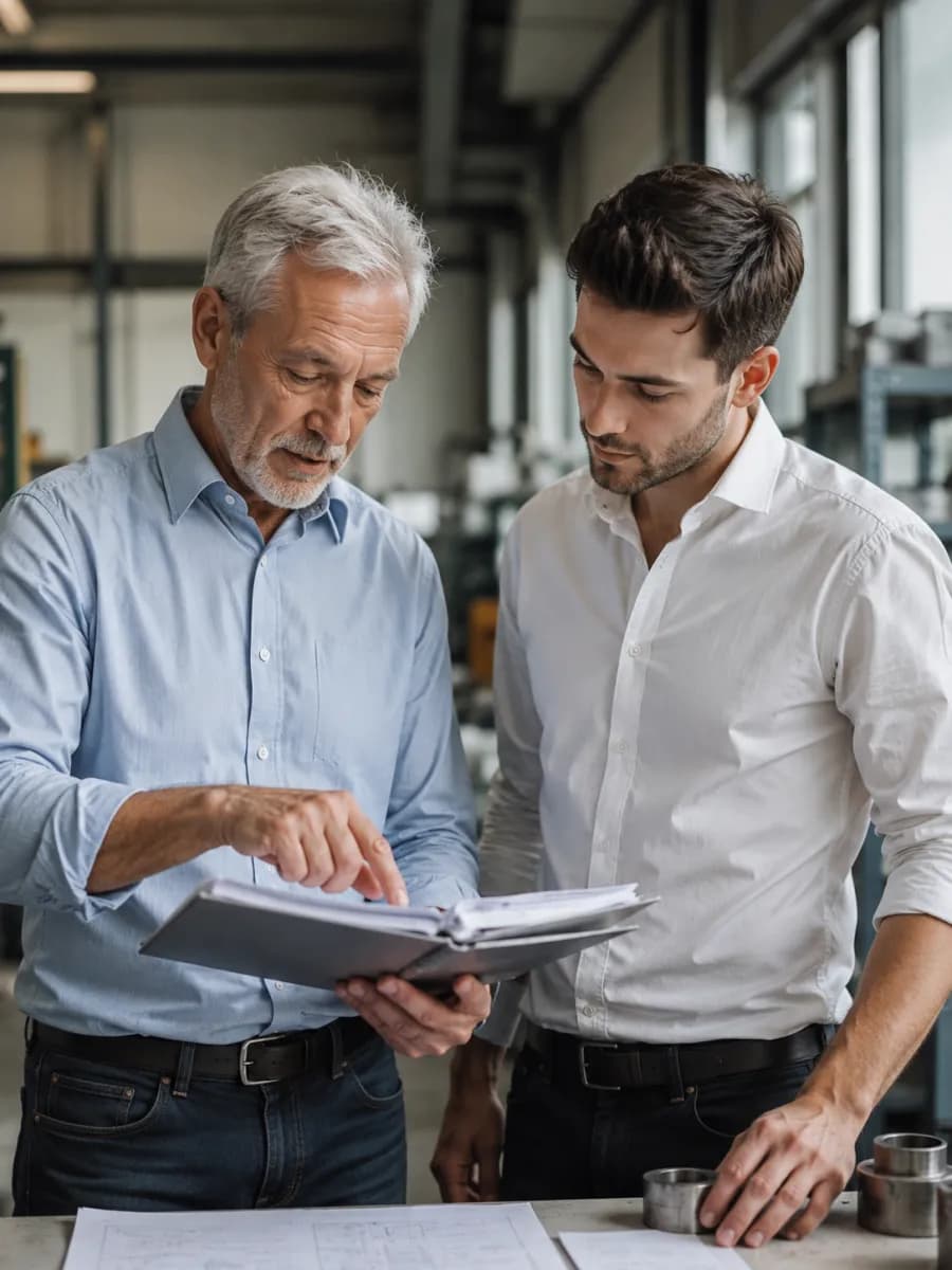 Betriebsinhaber und Mitarbeiter besprechen Unterlagen in der Werkstatt