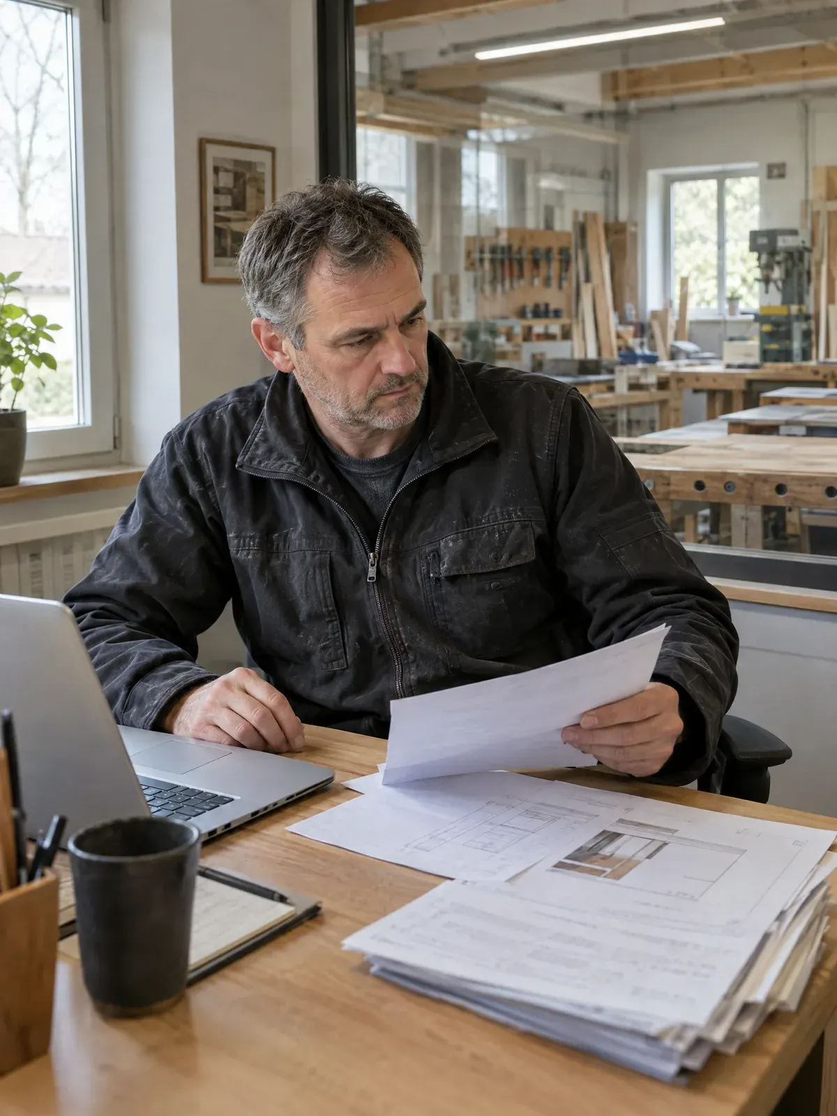 Inhaber eines Handwerksbetriebs prüft Unterlagen im Büro neben der Werkstatt