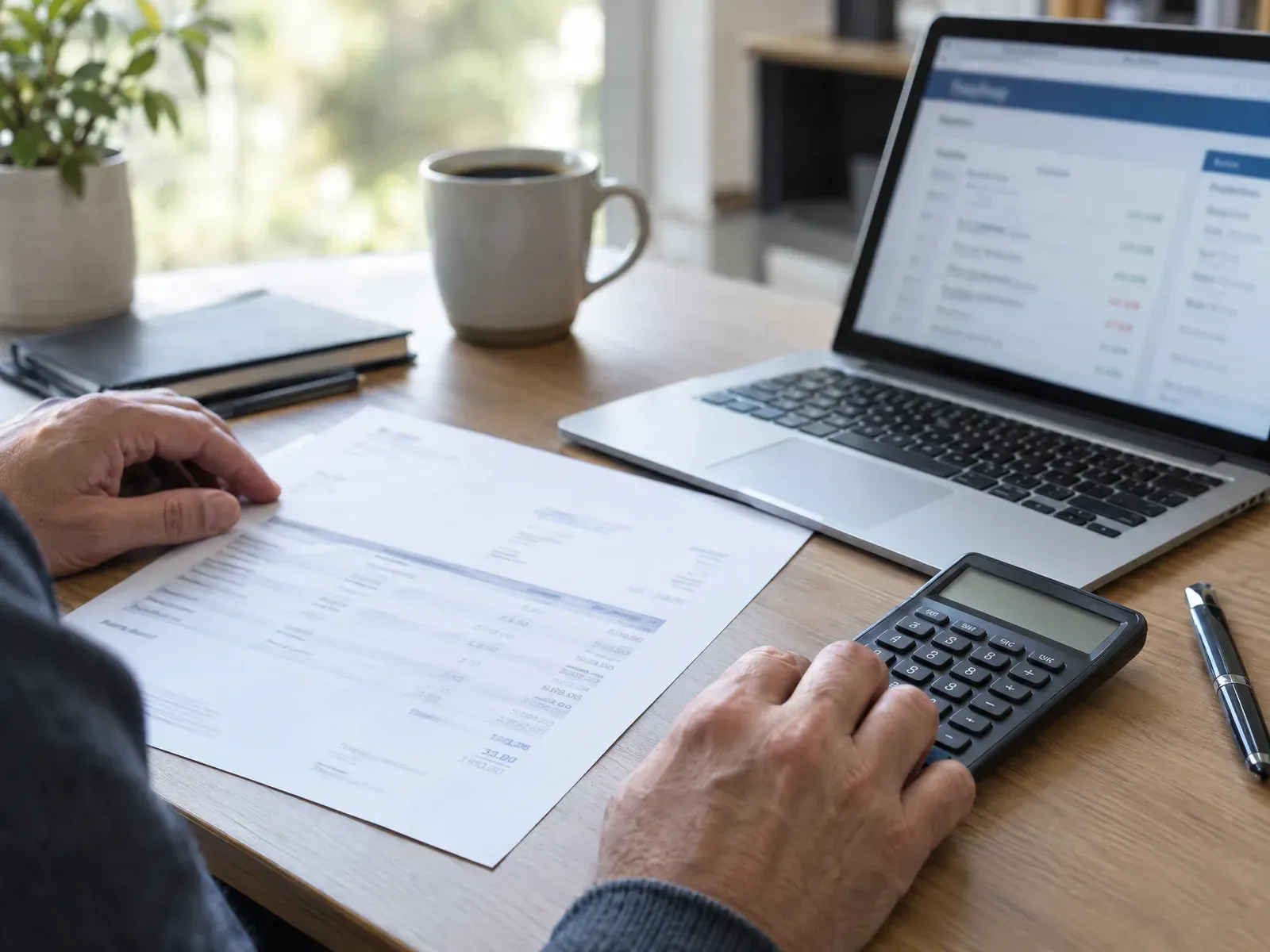 Rechnung, Taschenrechner und Onlinebanking auf dem Schreibtisch eines Unternehmers