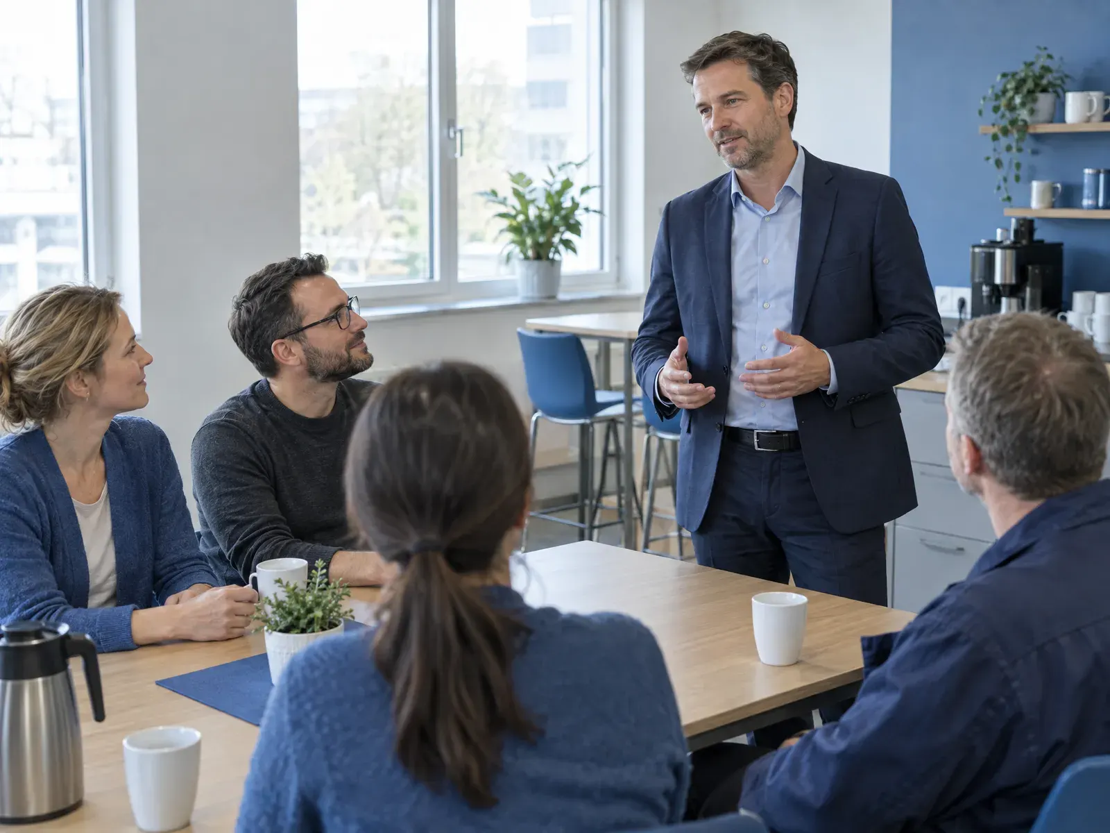 Der neue Inhaber eines Betriebs spricht im Pausenraum mit einer kleinen Gruppe von Mitarbeitern
