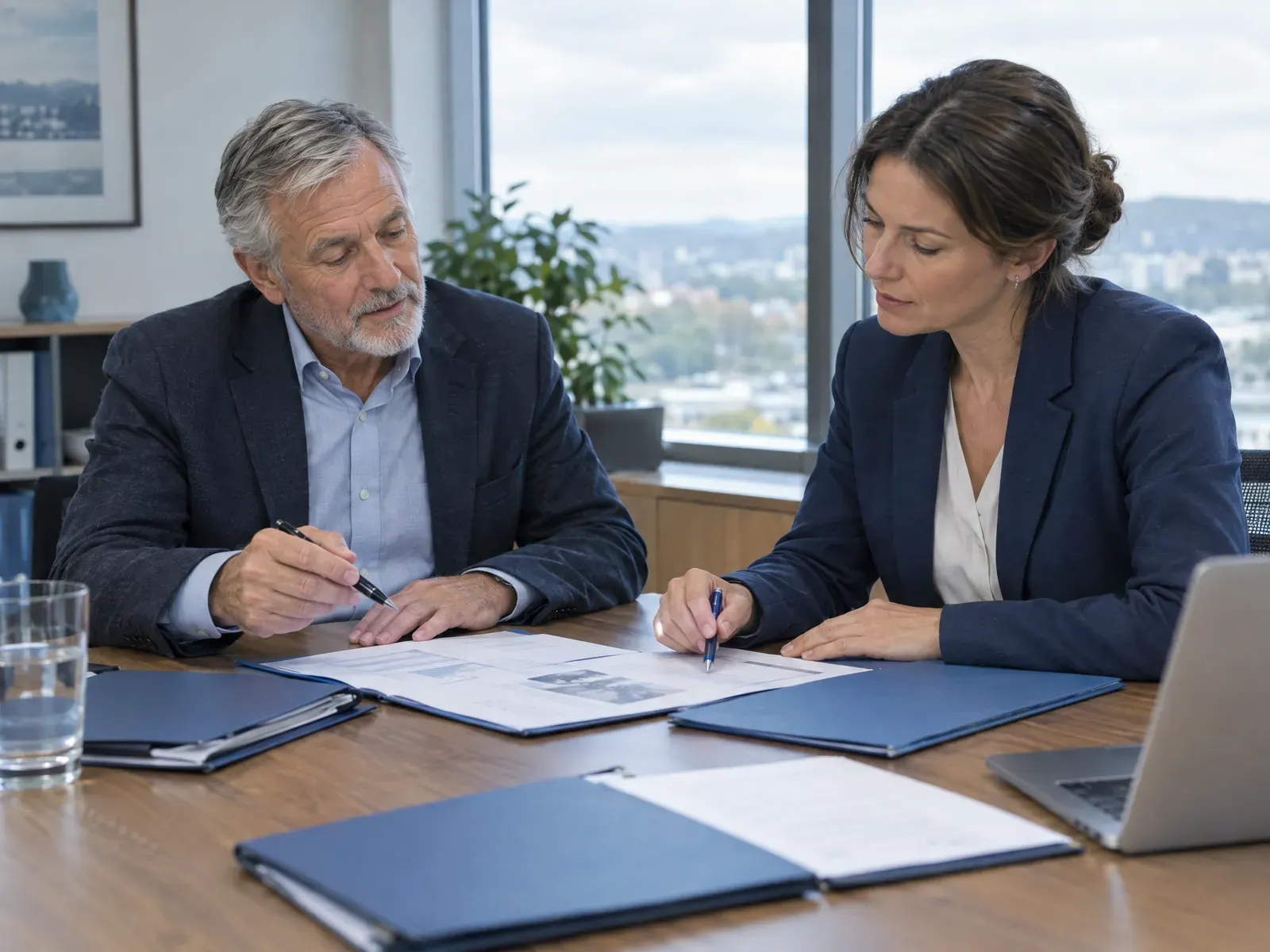 Verkäufer und Käuferin eines Betriebs planen am Besprechungstisch mit Unterlagen die Übernahme