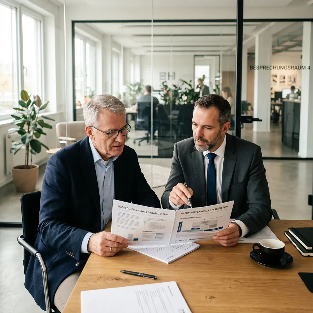 Unternehmensnachfolge-Beratung: Inhaber und Berater gehen im Besprechungsraum die Nachfolgeplanung Schritt für Schritt durch