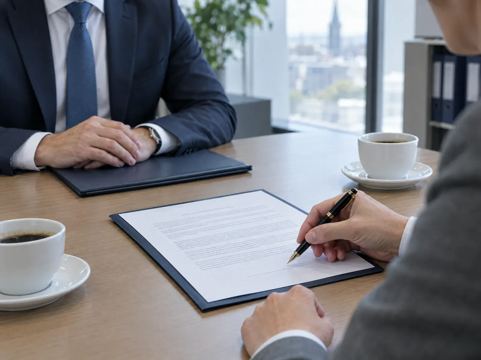 Gesellschaftsvertrag auf dem Besprechungstisch, eine Hand hält den Füller über der Unterschriftenzeile