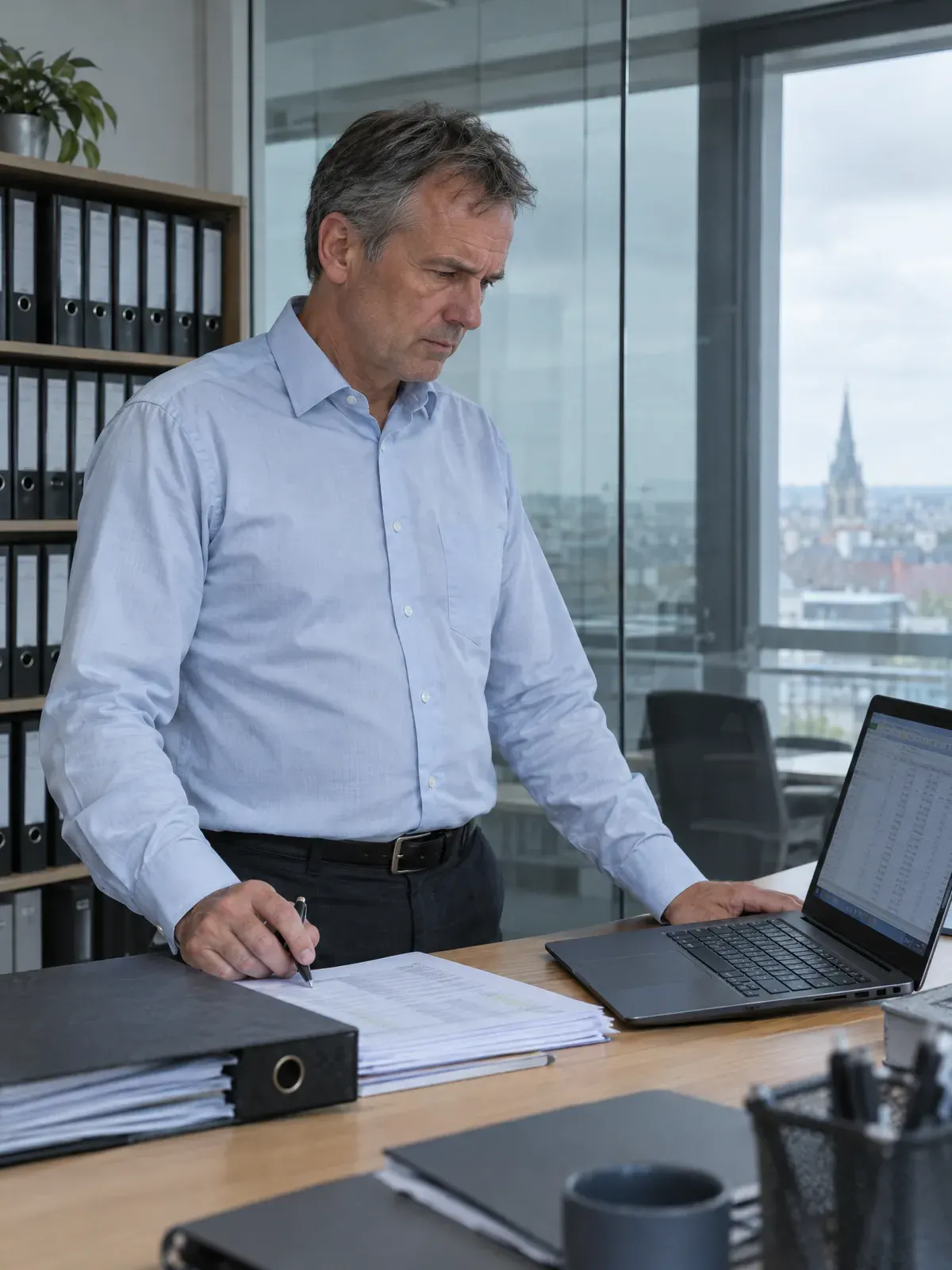 Inhaber einer Wirtschaftsprüferpraxis mit Prüfungsordnern und Laptop im Büro