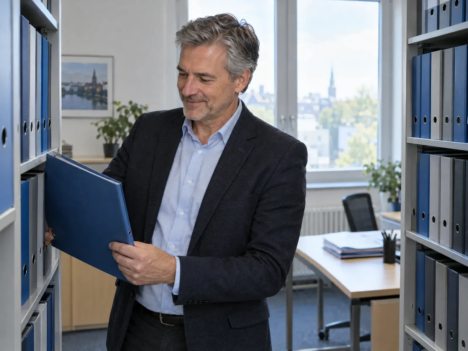 Praxisinhaber nimmt einen Ordner aus dem Regal seiner Kanzlei